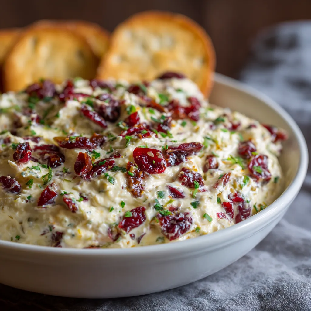 Zesty Cranberry Jalapeño Cream Cheese Dip topped with cranberries and jalapeños on crackers